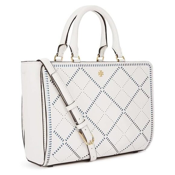 Tory Burch Robinson Crosshatch Leather Satchel Bag Ivory Riviera Blue Handbag NW - Picture 5 of 6